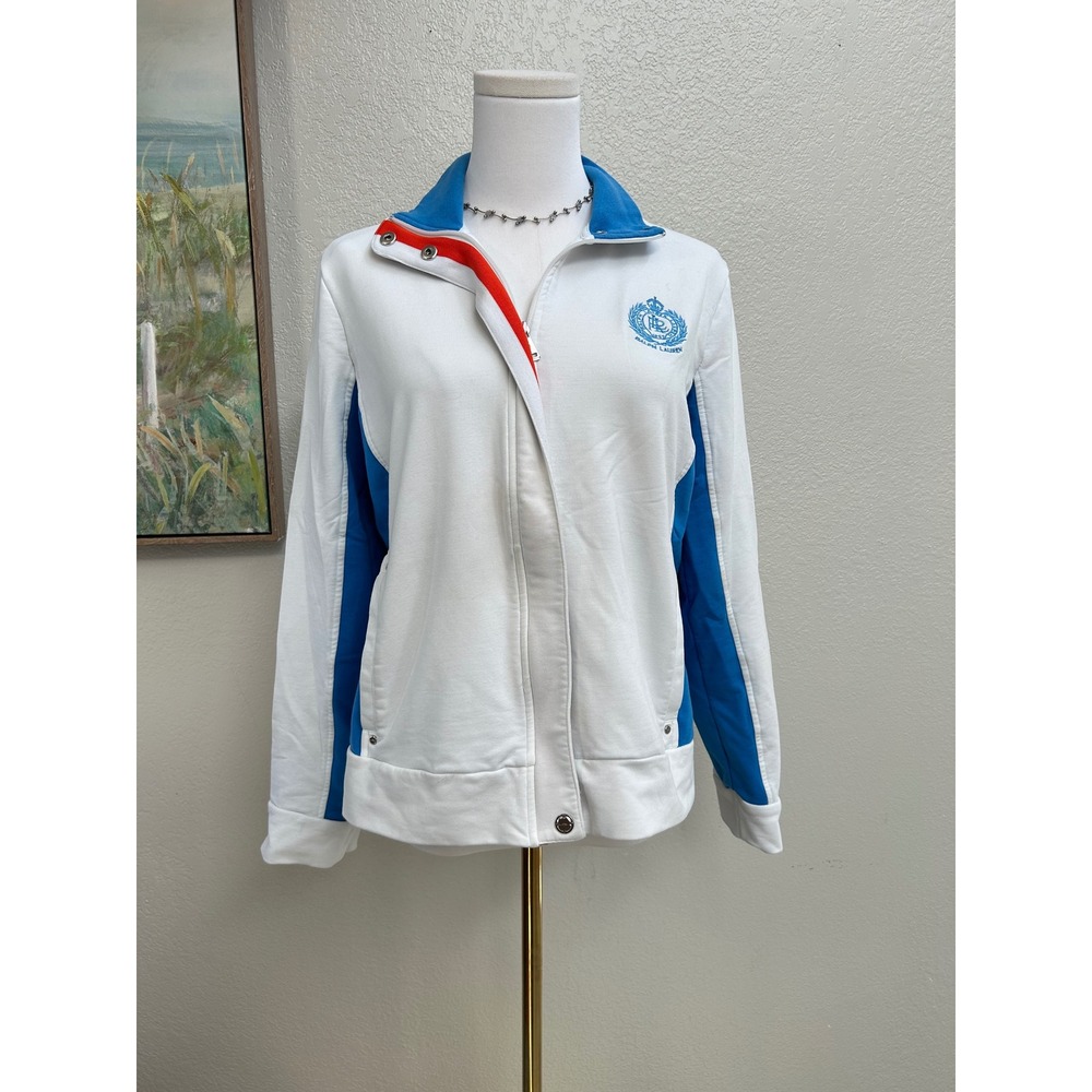Lauren Active Ralph Lauren White Blue Crest Track Jacket Full Zip Mock Neck L